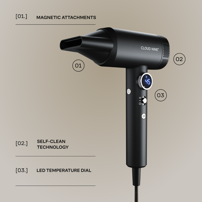 Black Cloud Nine hair dryer with a nozzle attachment, shown on a beige background with callout labels explaining magnetic attachments, self-clean technology, and LED temperature dial.