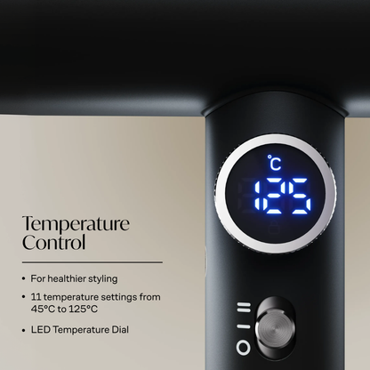 Close-up of a black temperature control dial with a blue LED digital display reading 125, next to text describing temperature control features for healthier styling.