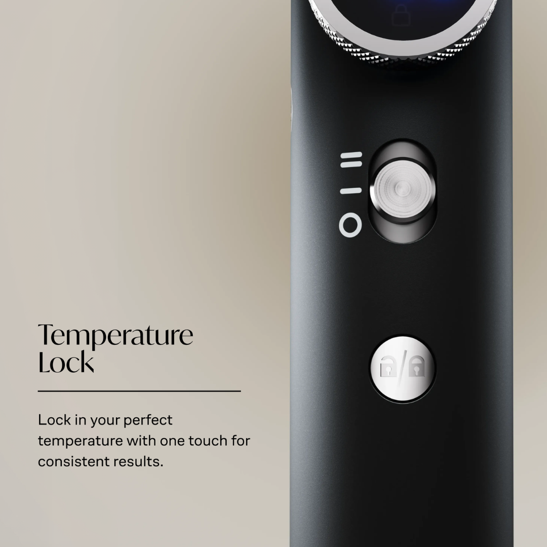 Close-up of a black smart home device showing its temperature lock button and text reading 'Temperature Lock' with a subtitle about locking in perfect temperature with one touch.