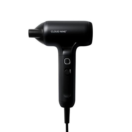 A black Cloud Nine hair dryer shown from a front-three-quarter angle on a solid white background.