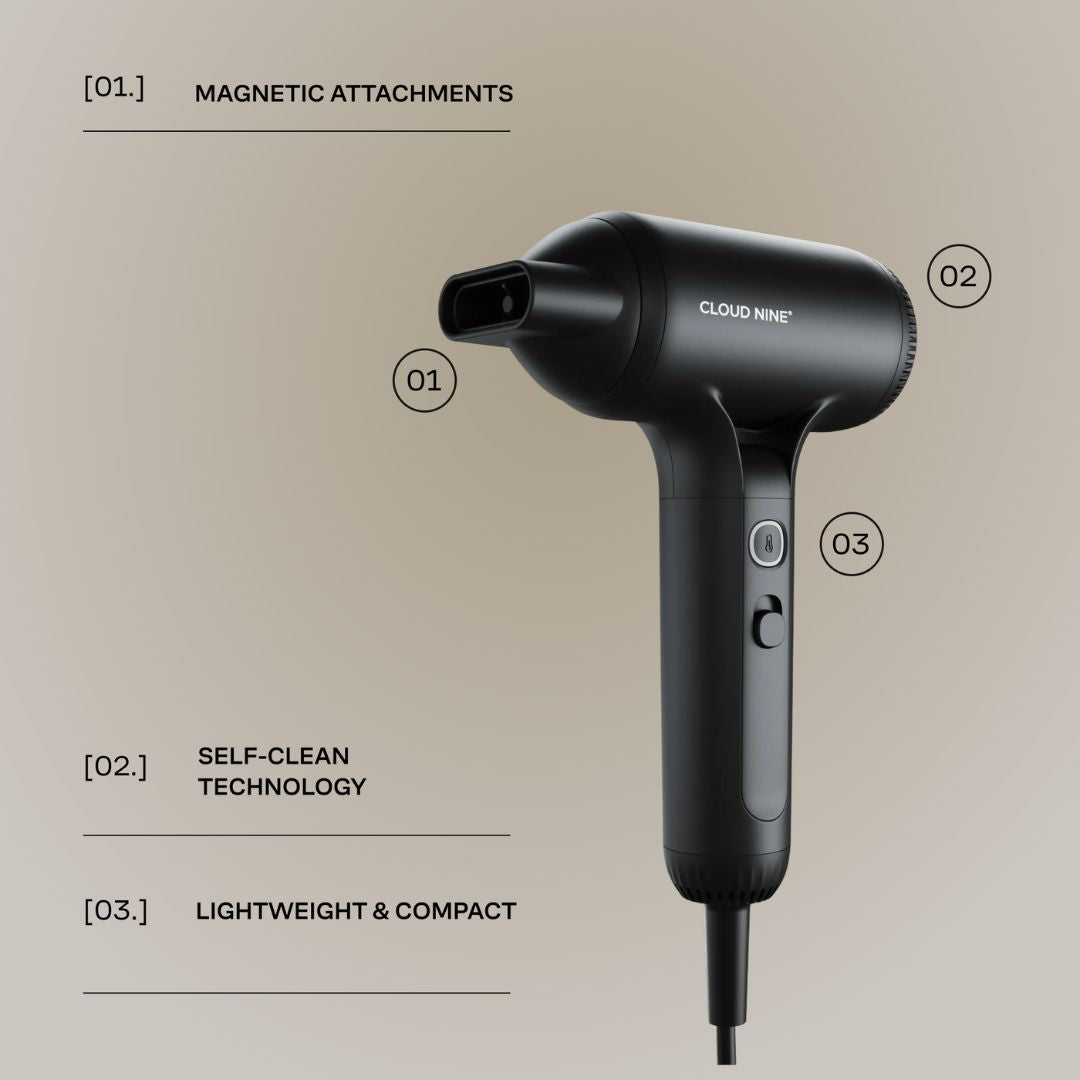 Black hair dryer labeled CLOUD NINE on a beige background with feature callouts: magnetic attachments, self-clean technology, and lightweight & compact.