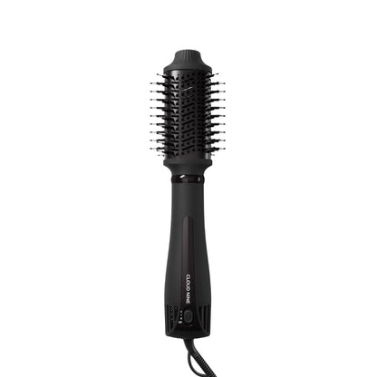 A black round hot air brush hair styler with a textured barrel, shown vertically against a plain white background.