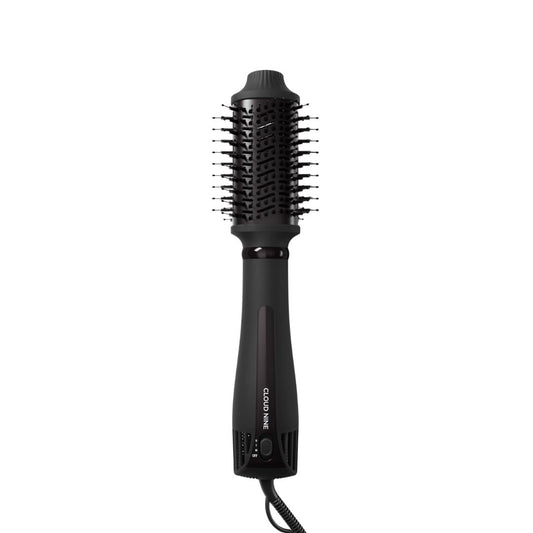 A black round hot air brush hair styler with a textured barrel, shown vertically against a plain white background.