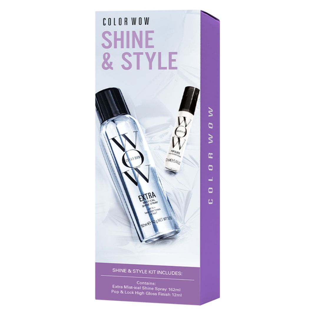 Color Wow Shine & Style kit packaging with two bottles on a white background