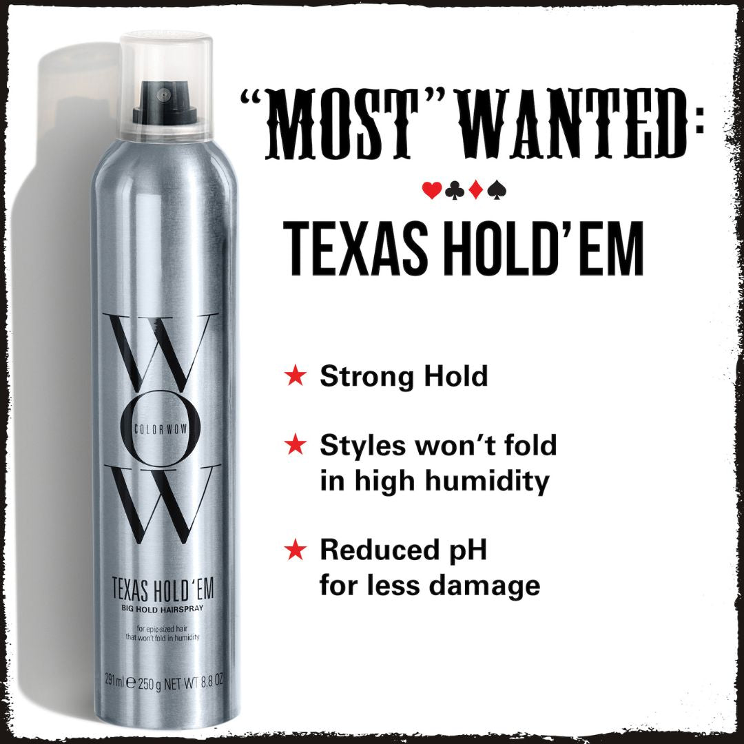Silver hair spray bottle labeled 'Texas Hold'Em' with product features on a white background
