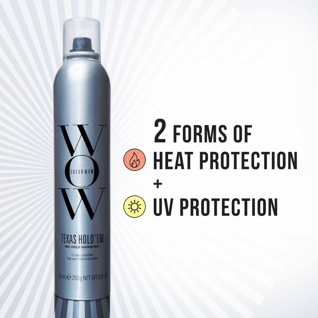 Hair spray bottle with 'WOW' branding on a white background, highlighting heat and UV protection features.