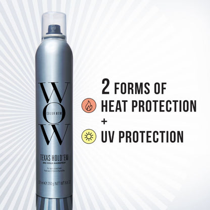 Hair spray bottle with 'WOW' branding on a white background, highlighting heat and UV protection features.