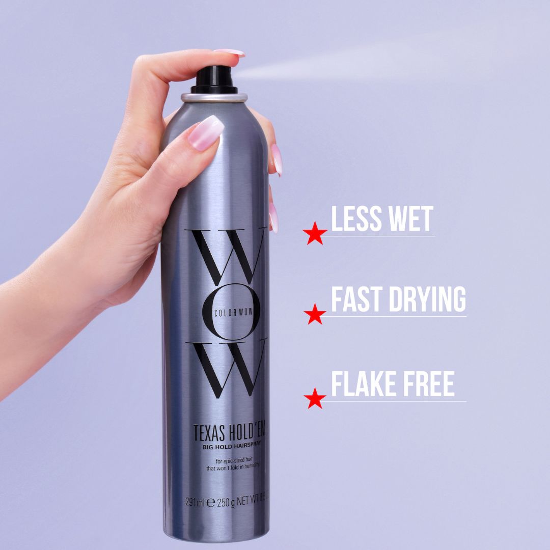 Hand holding a can of 'Wow' hair product with text highlighting features on a purple background