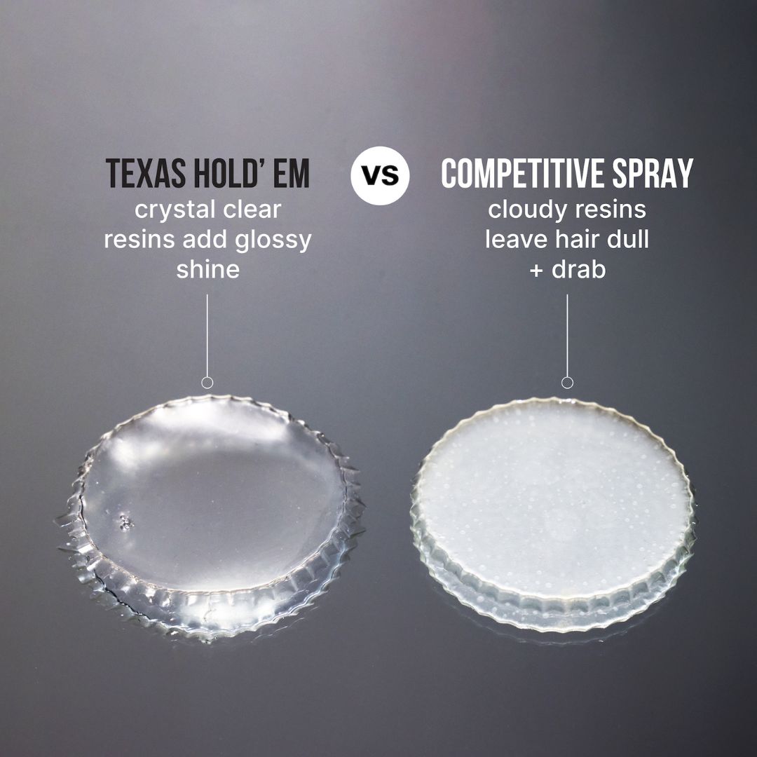 Two hair spray cans labeled 'Texas Hold' Em' and 'Competitive Spray' on a dark background.