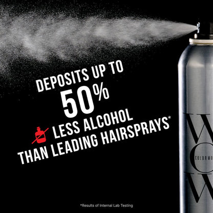 Can of hair spray with text claiming less alcohol content compared to leading products on a black background.