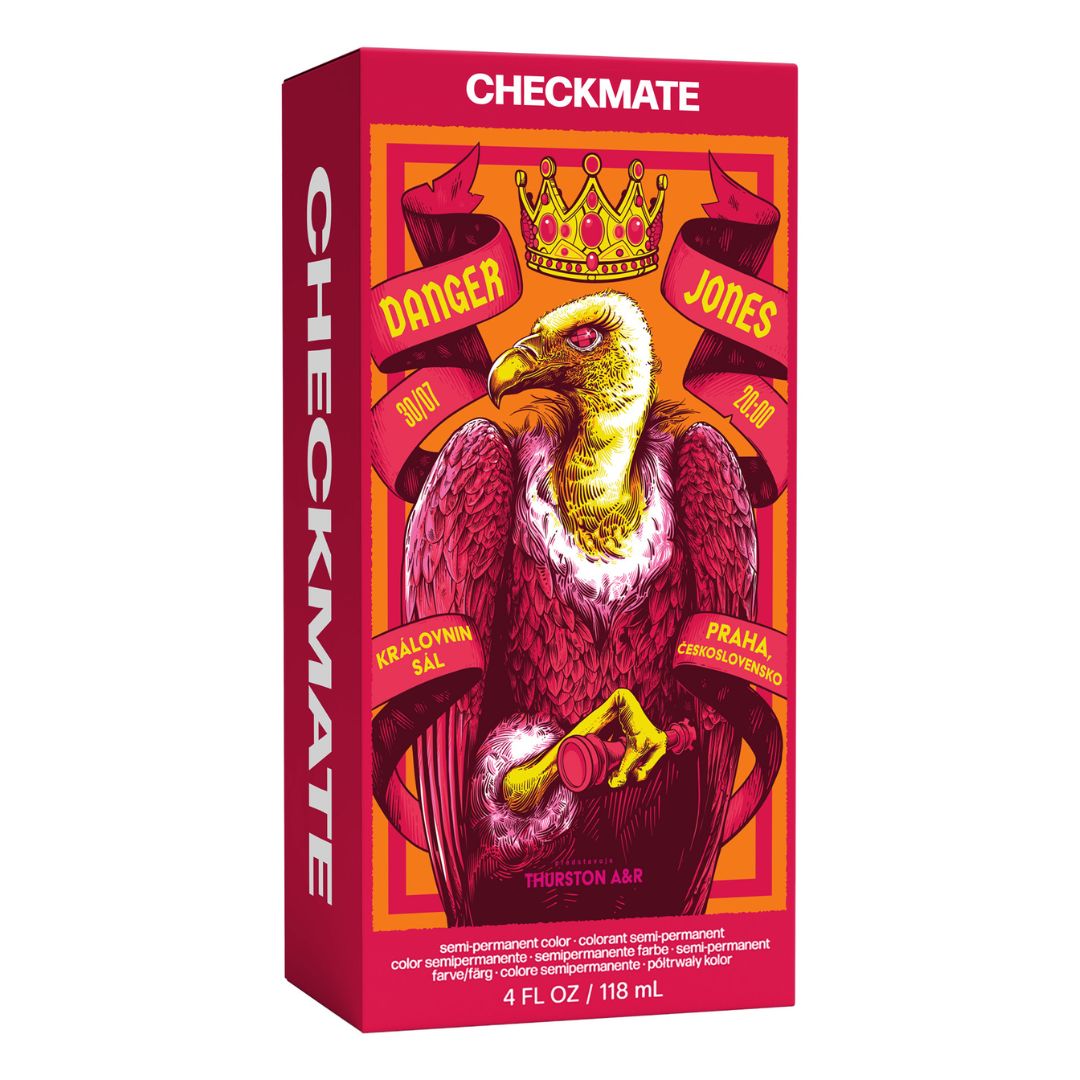 Checkmate Jones hair color packaging with an eagle illustration on a red background