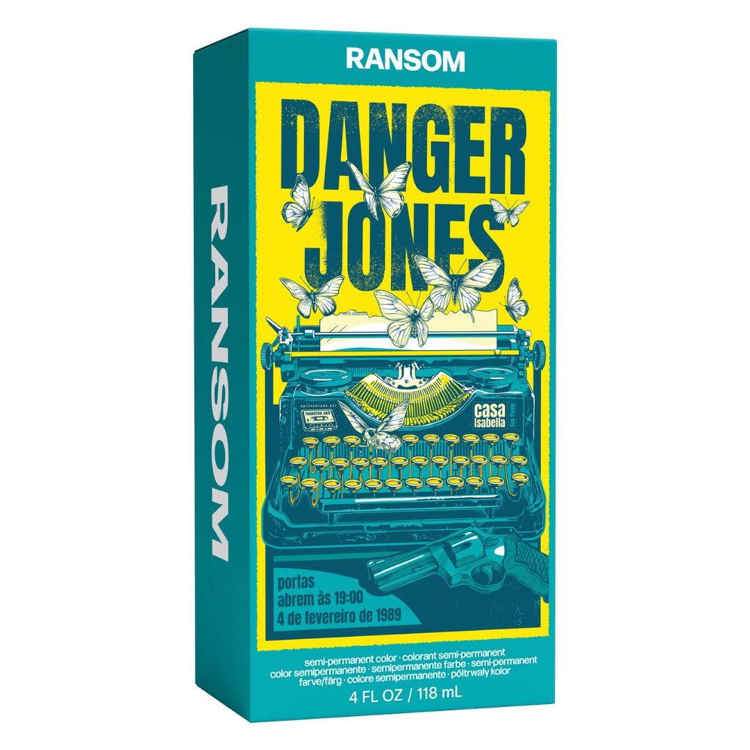 Ransom Danger Jones product packaging with typewriter illustration on a yellow and blue background