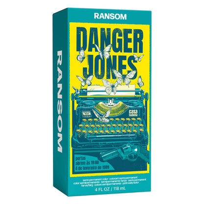 Ransom Danger Jones product packaging with typewriter illustration on a yellow and blue background