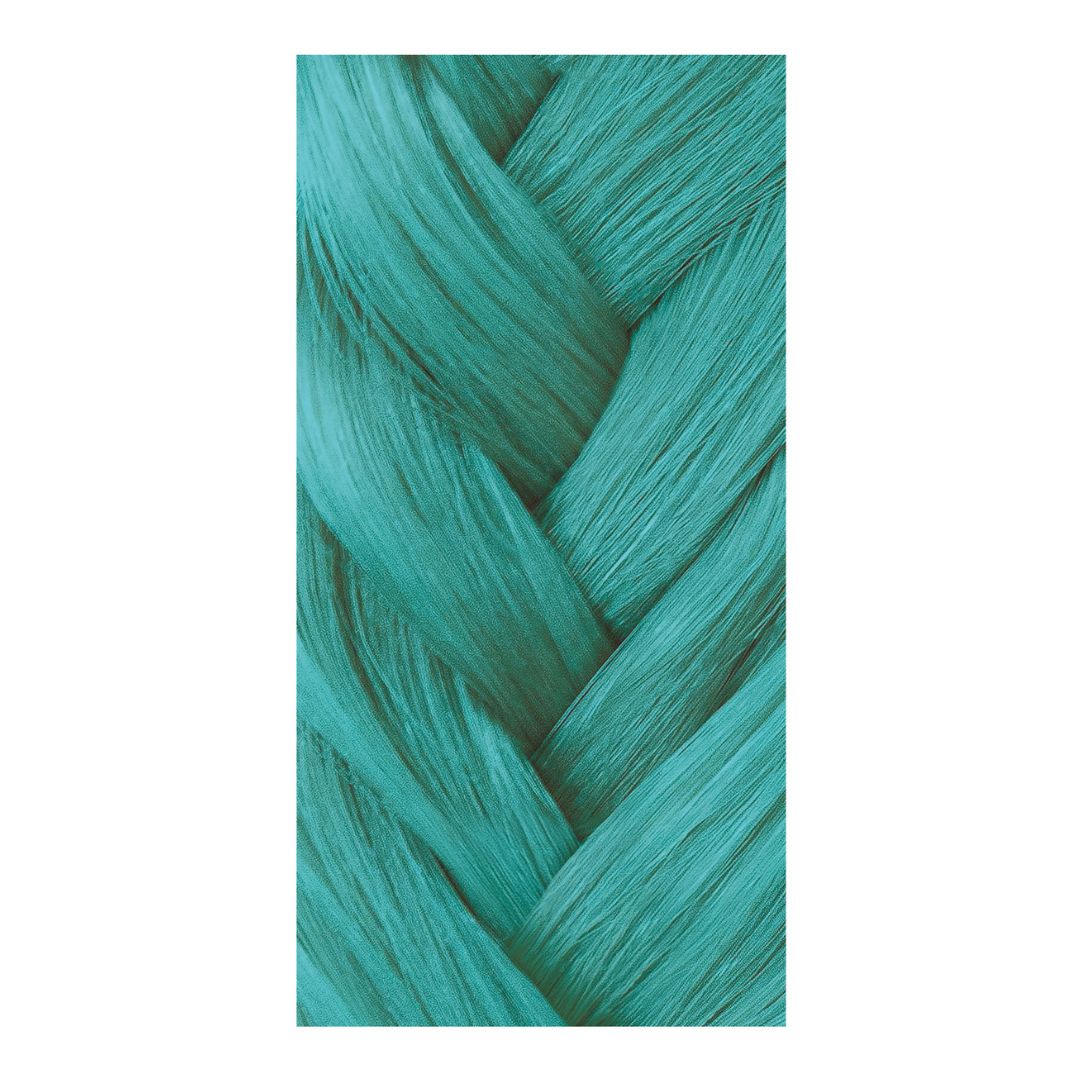 Turquoise hair extensions styled in a braid on a white background