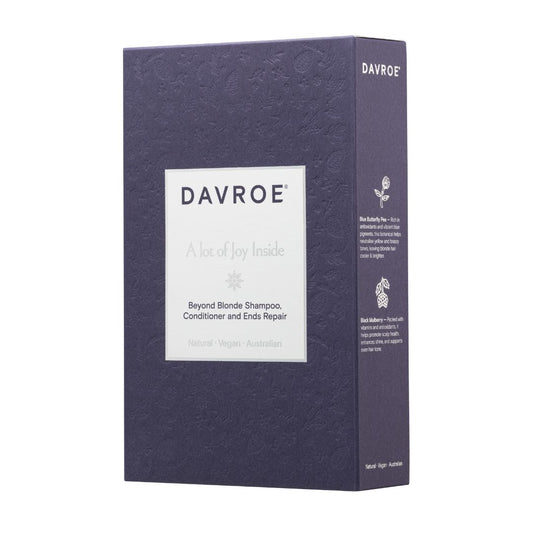 A rectangular purple box for DAVROE Beyond Blonde Shampoo, Conditioner and Ends Repair, shown on a plain white background.