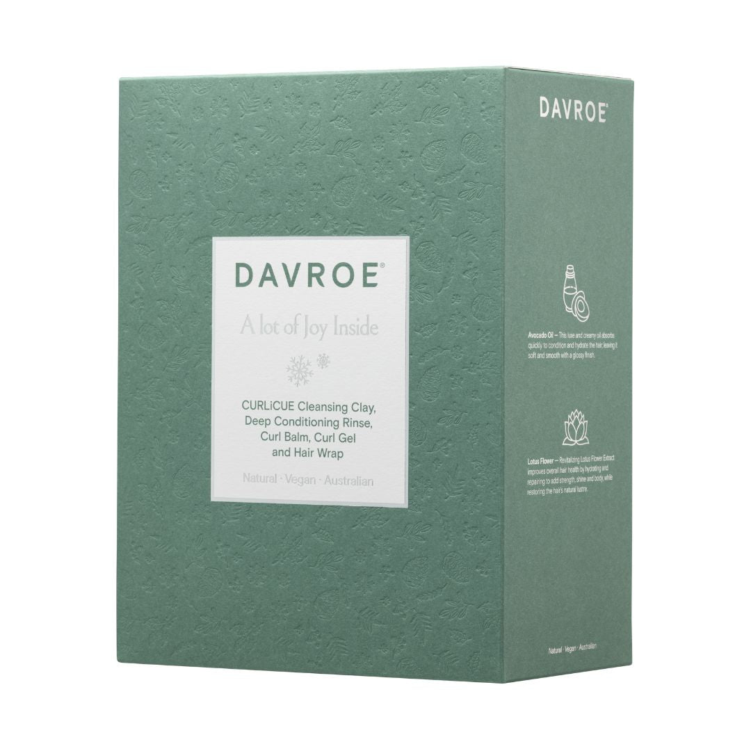 Davroe Curlcure Cleansing Clay hair mask box in a textured sage green color with a white label on the front, set against a plain white background.