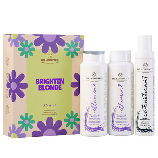 De Lorenzo hair care products including shampoo, conditioner, and a box with floral design on a white background.