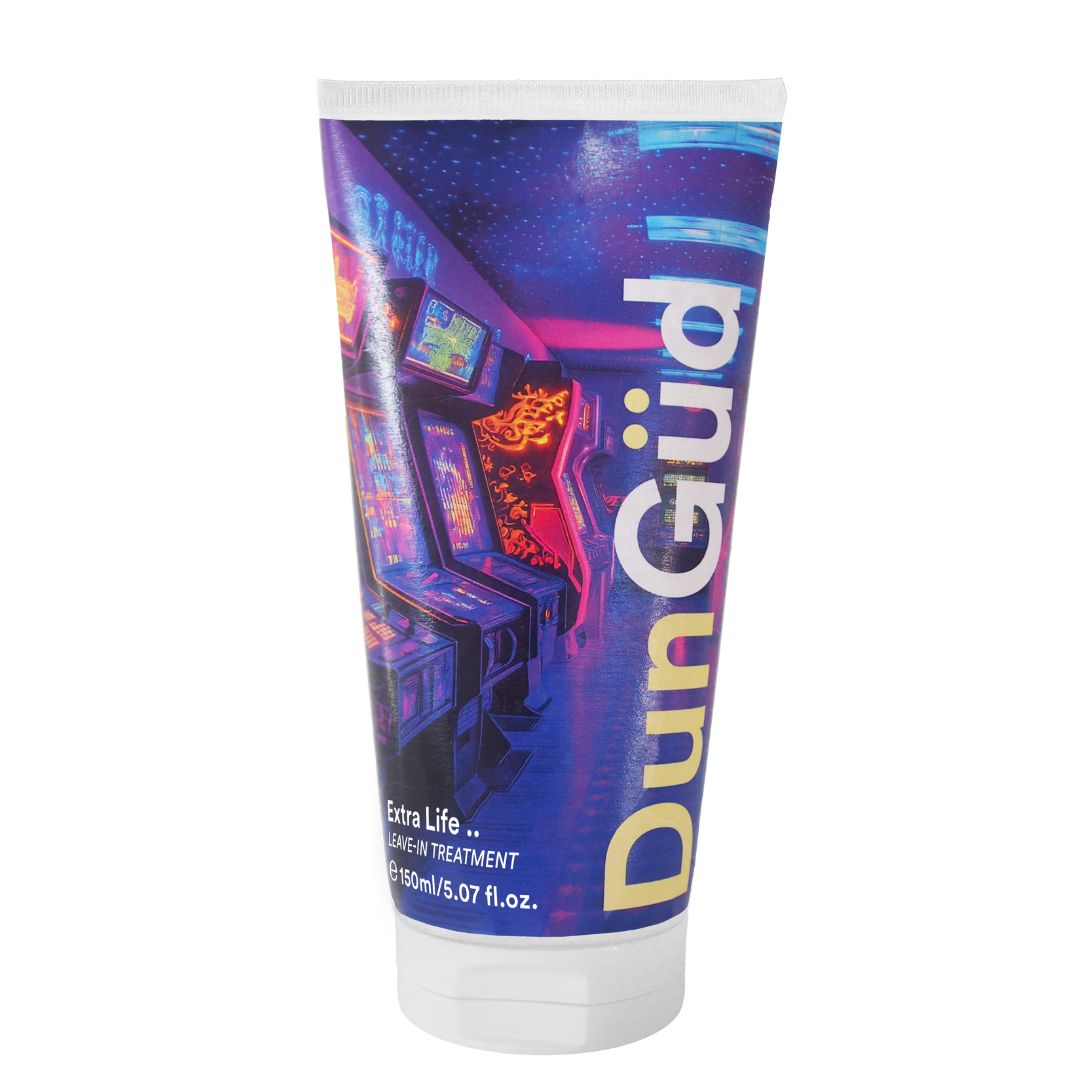 Tube of Dun Ged hair care product with a retro arcade game design on a white background