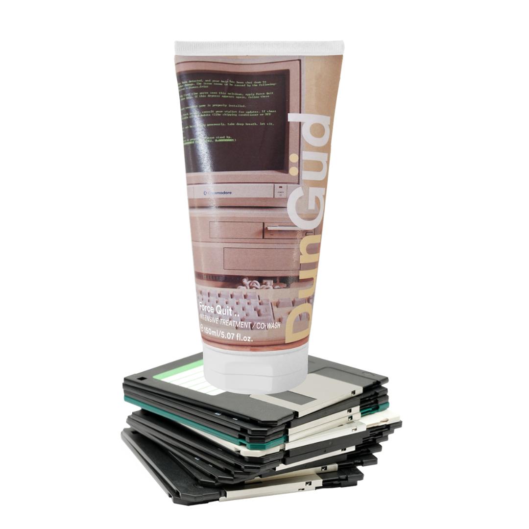 Tub of glue with a retro computer design on top of vintage floppy disks