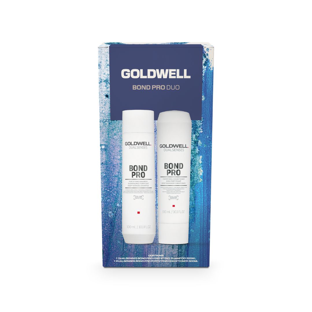 Goldwell Bond Pro Duo hair color kit in its retail box, featuring two white bottles of Bond Pro 4 and Bond Pro 4+4 against a blue and white textured background.