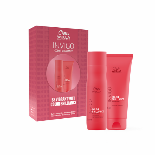 Wella Professionals Invigo Color Brilliance kit featuring a pink and red product box alongside a bottle and a tube of color protection shampoo and conditioner, set against a plain white background.