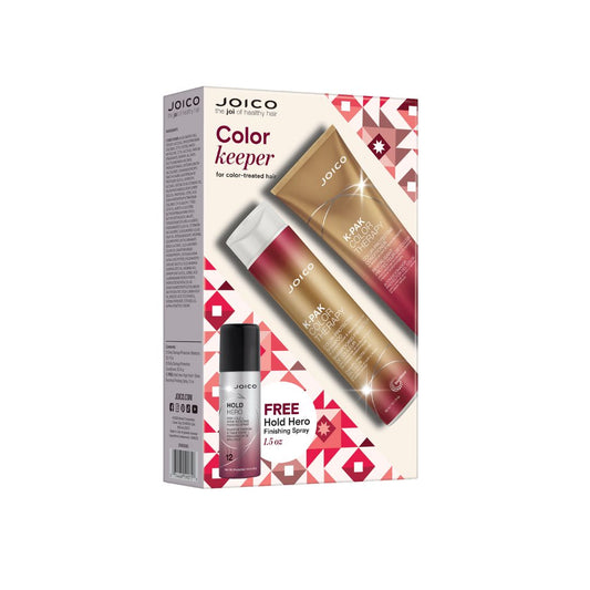 Joico Color Keeper hair color kit in its retail box, featuring a small bottle of Hourglass Fixing Spray and two tubes of K-4M Color Protect hair color, with a red and white geometric pattern on the packaging.