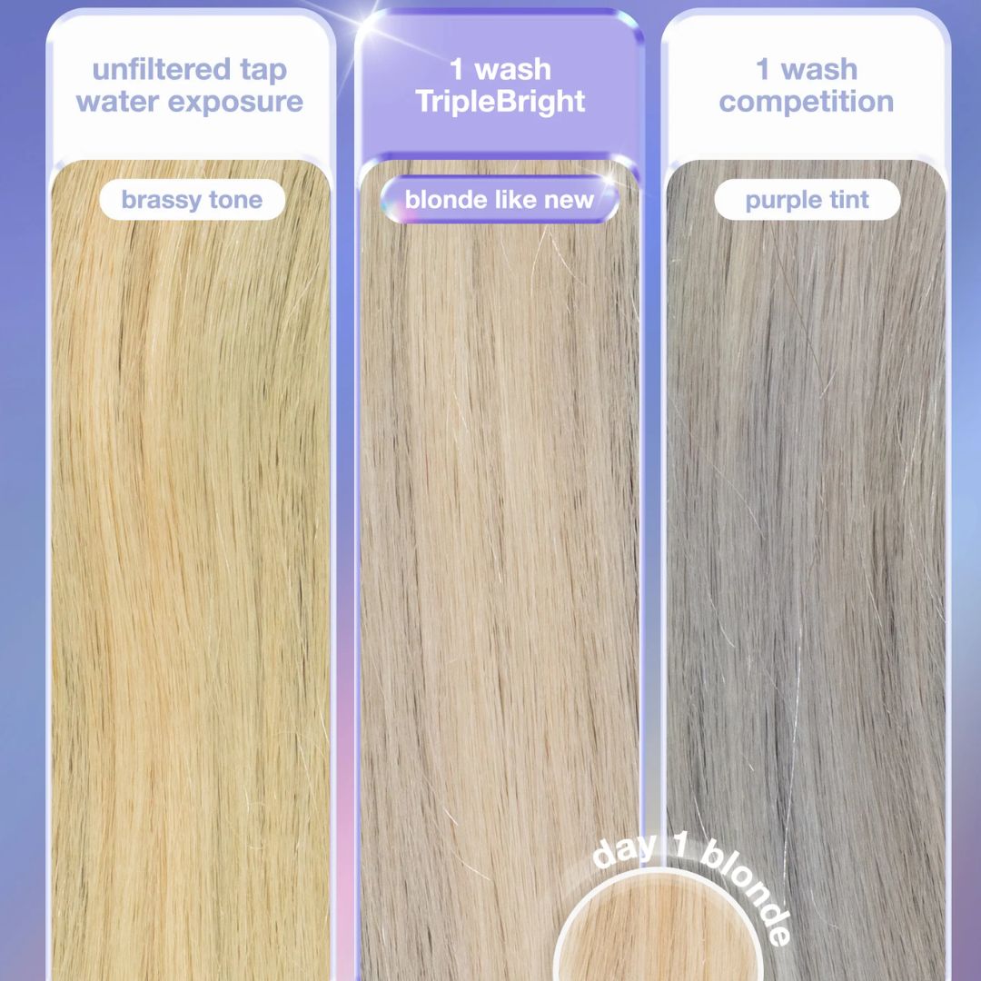 Comparison of hair color before and after treatment with 'TripleBright' and 'competition' products.