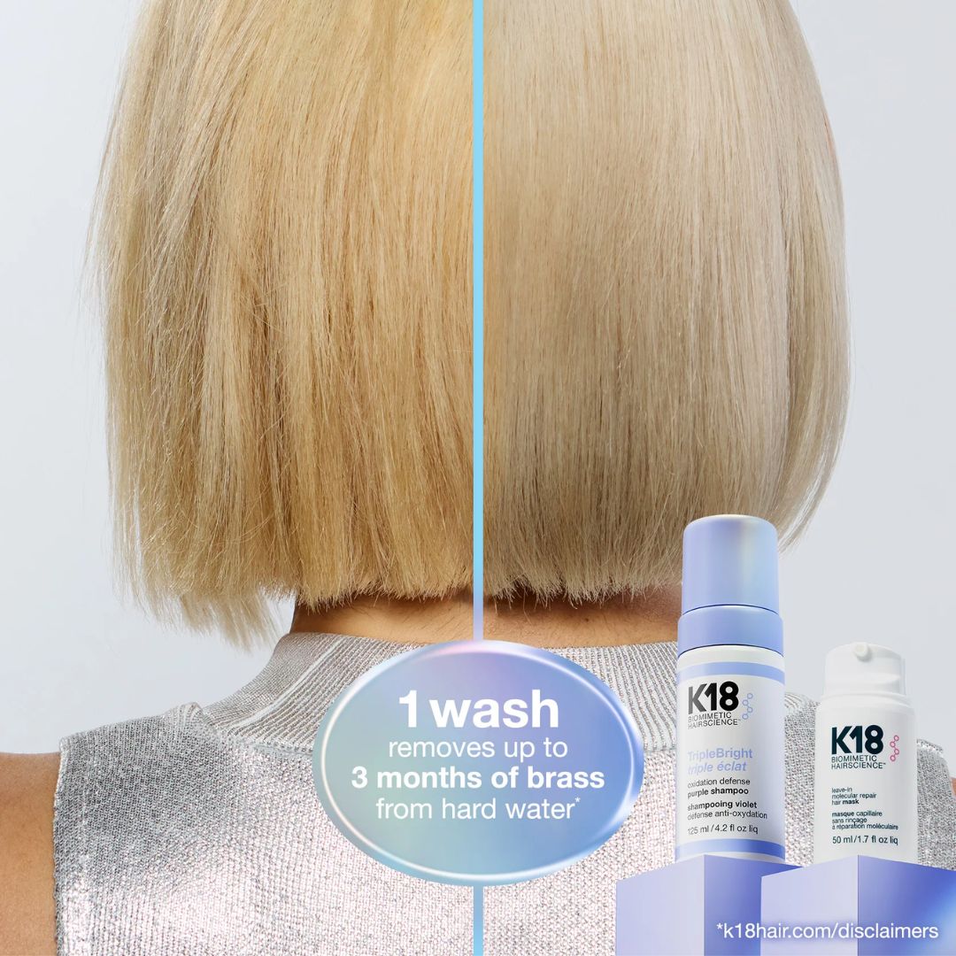 Comparison of hair before and after use with K18 product, showing a shiny finish.