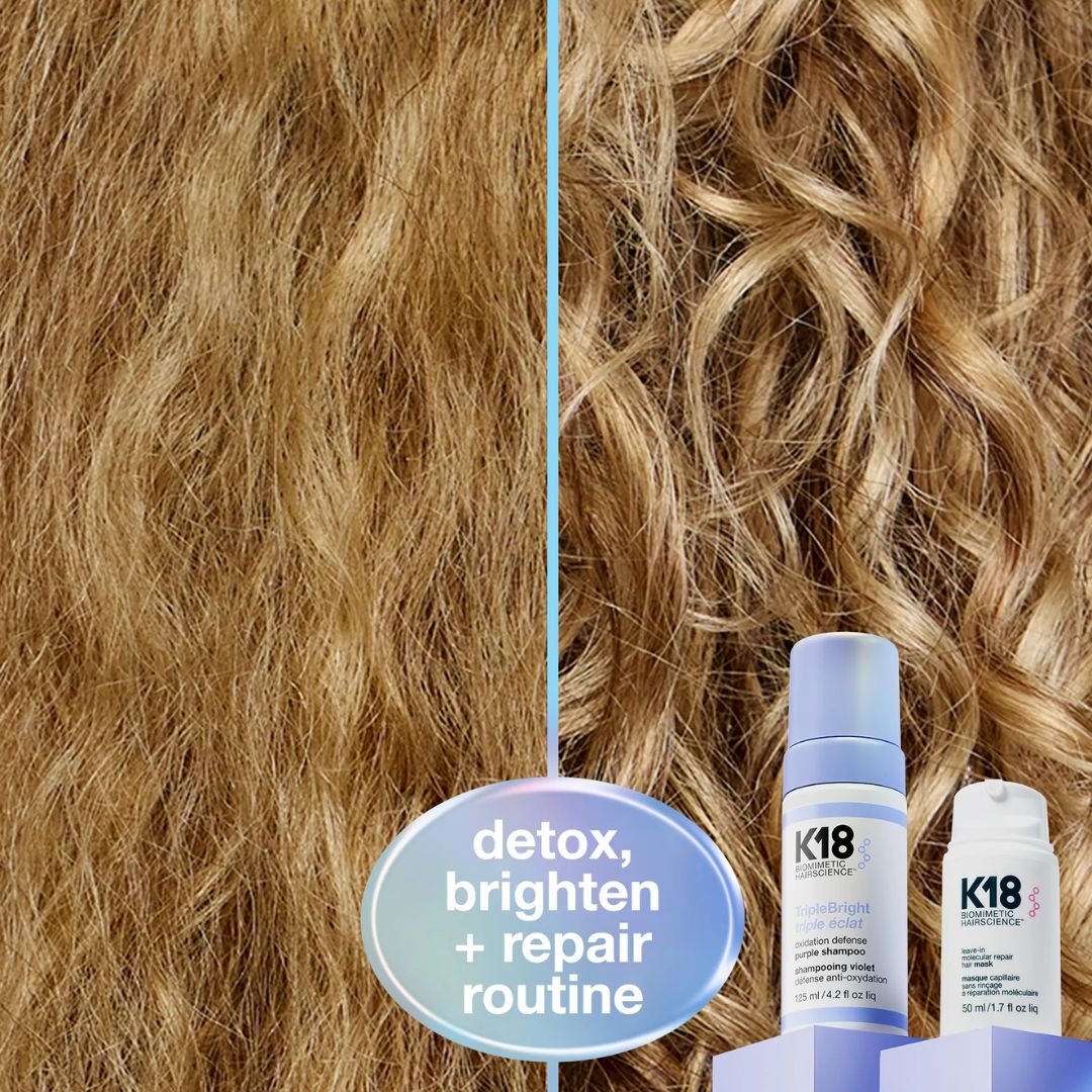 K18 hair care products with a before and after comparison of hair texture.