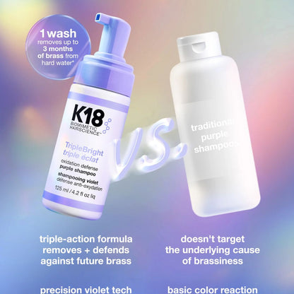 K18 shampoo bottle with text on a colorful gradient background