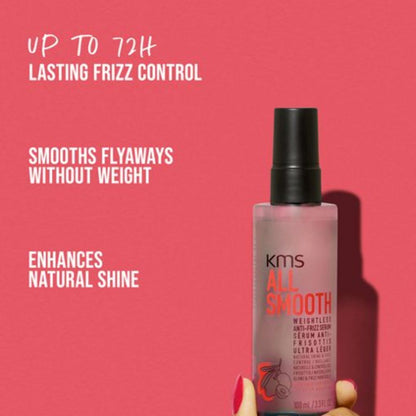 KMS All Smooth hair product bottle with text on a pink background