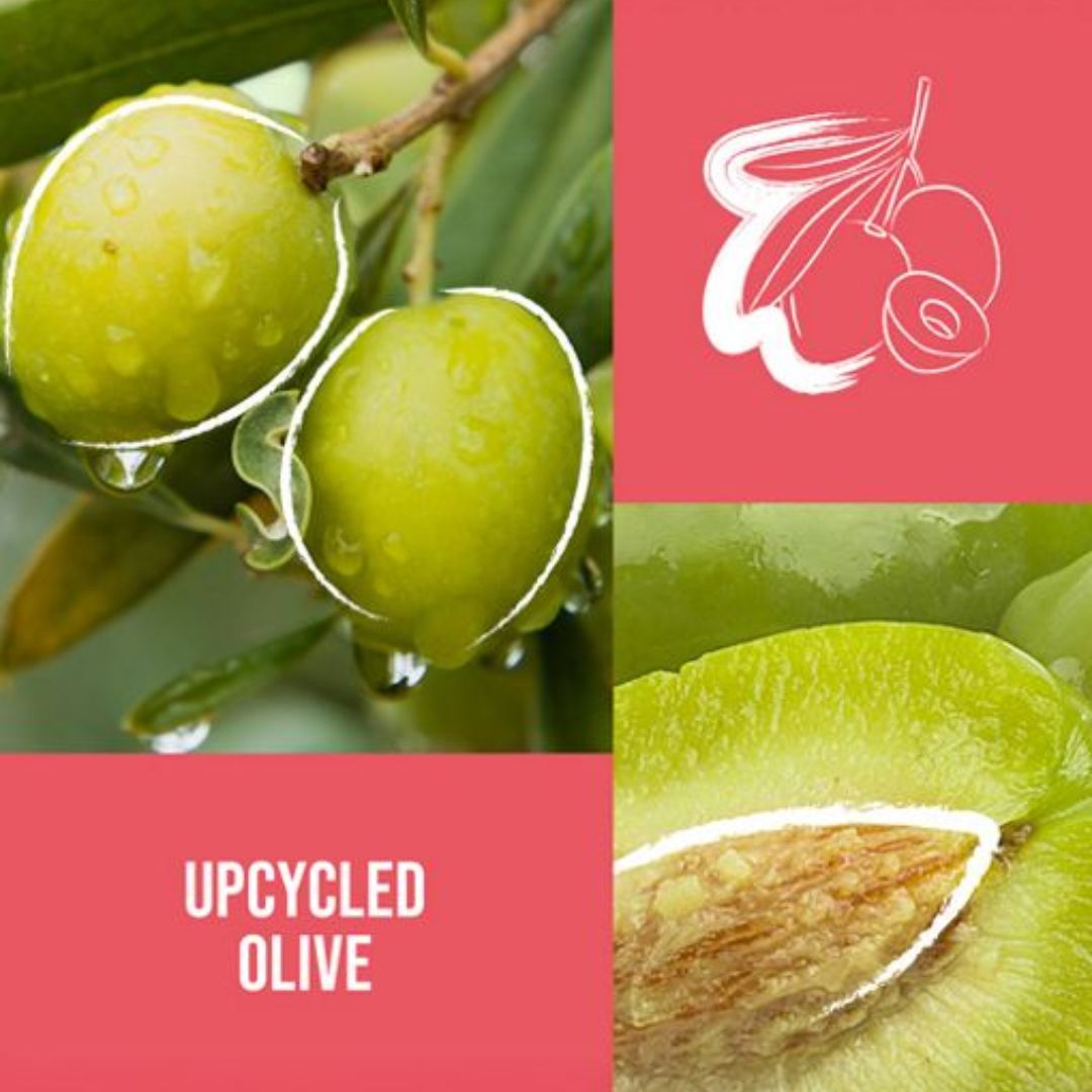 Green olives on a branch with a close-up of an olive and a logo on a pink background.