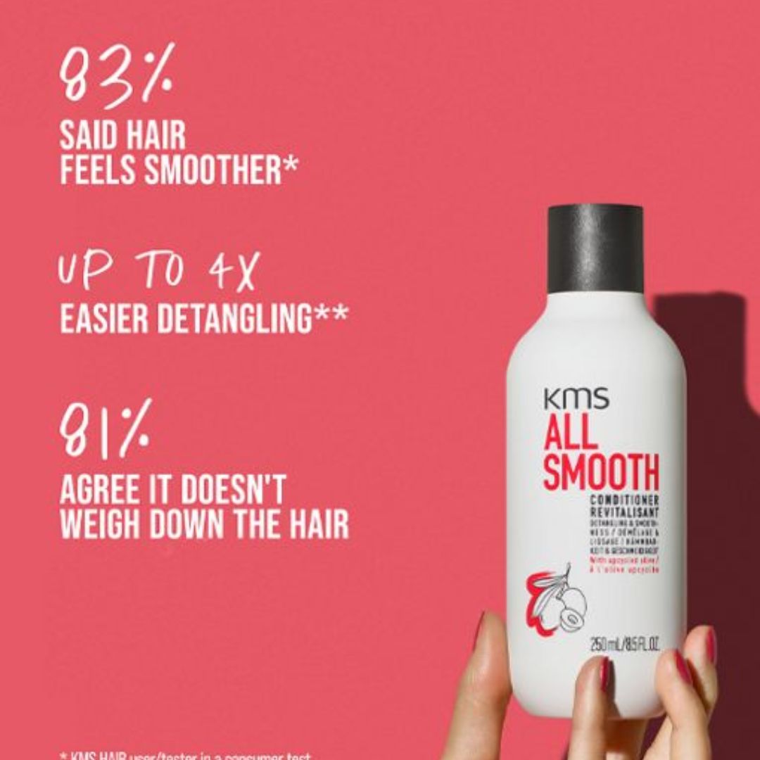 KMS All Smooth conditioner bottle with text on a pink background