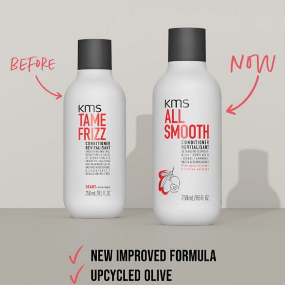 Two KMS hair care bottles, one labeled 'Tame Frizz' and the other 'All Smooth', on a gray background with text indicating a new improved formula and upcycled olive.
