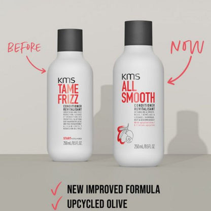 Two KMS hair care bottles, one labeled 'Tame Frizz' and the other 'All Smooth', on a gray background with text indicating a new improved formula and upcycled olive.