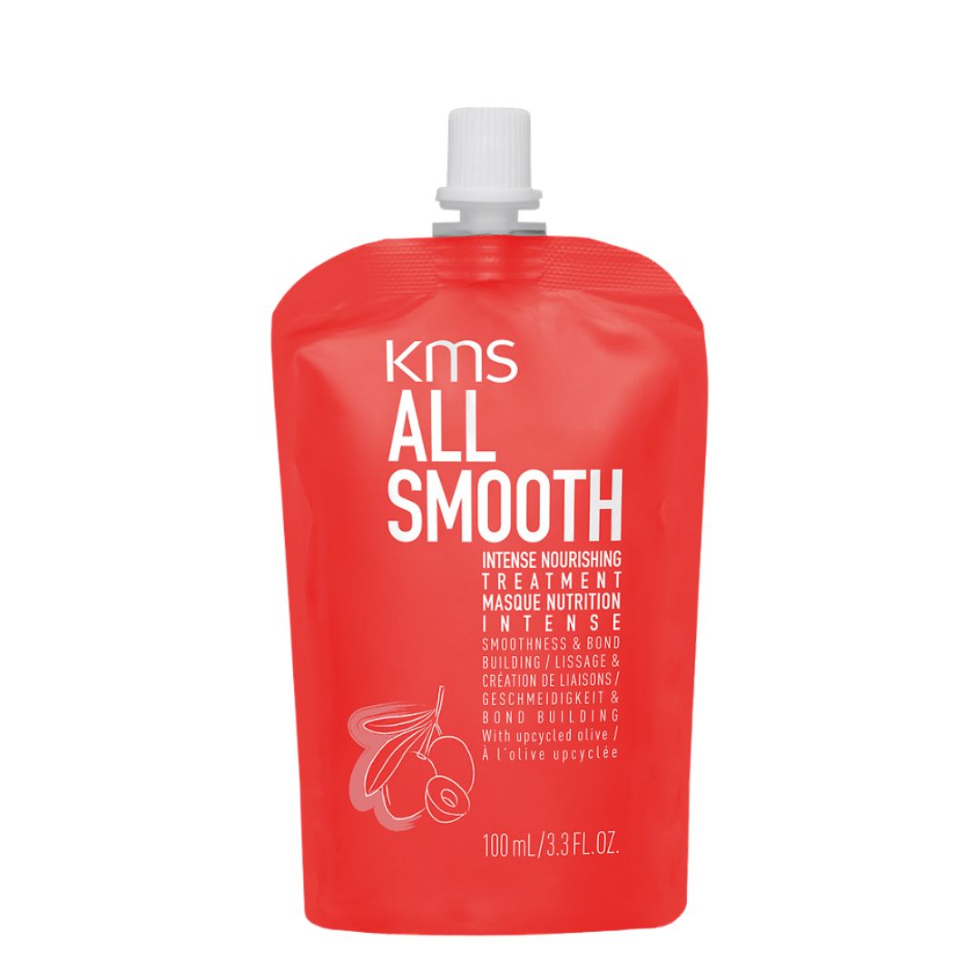 Red pouch of KMS All Smooth hair treatment on a white background