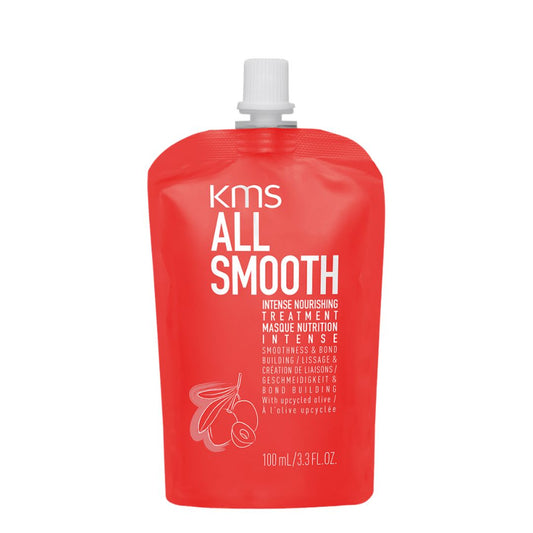 Red pouch of KMS All Smooth hair treatment on a white background