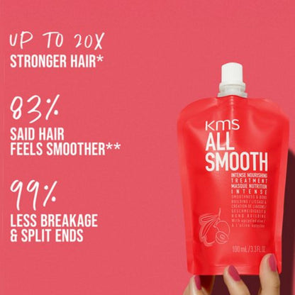KMS All Smooth hair product packaging with text on a red background