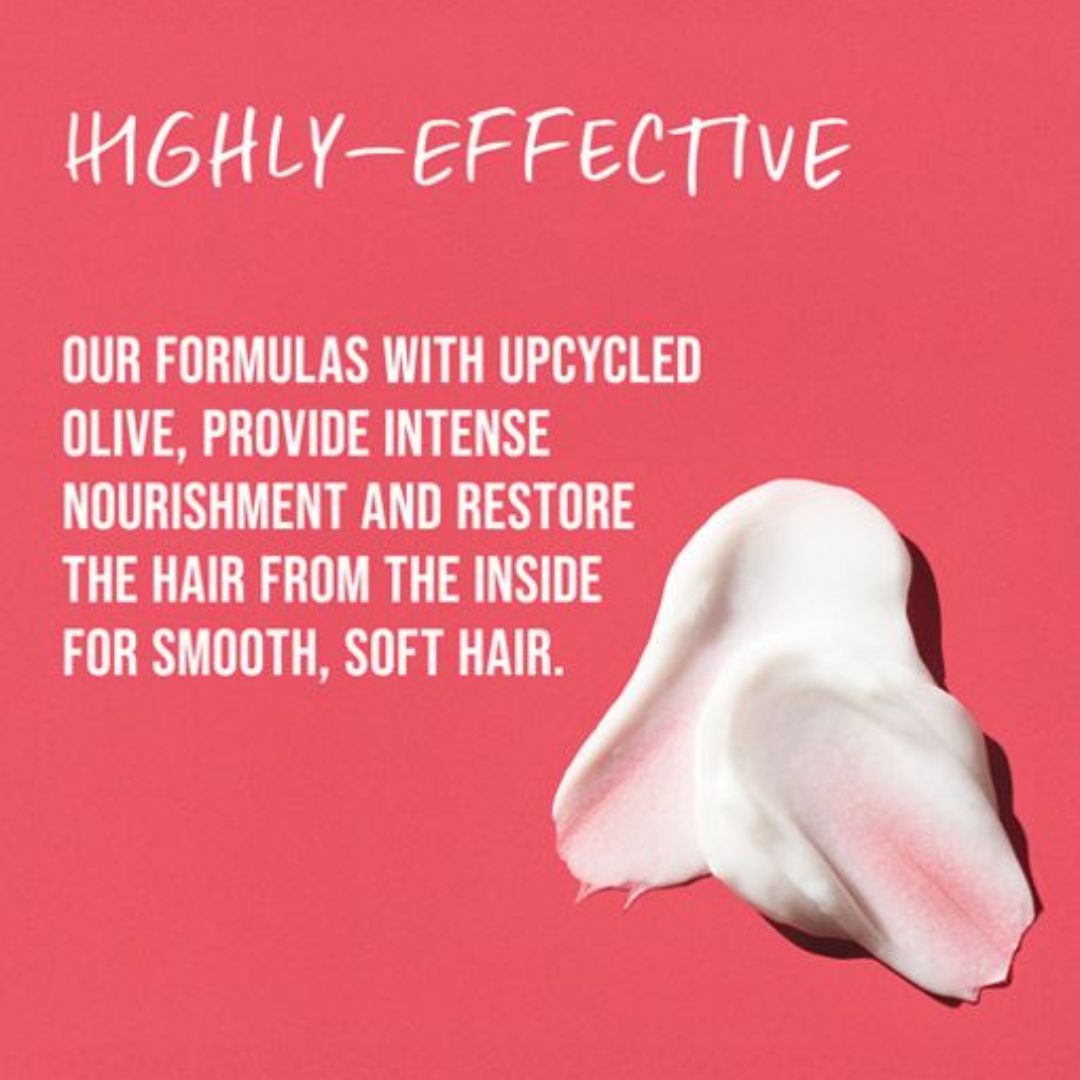 Product with text on a pink background about upcycled olive formulas for hair care.