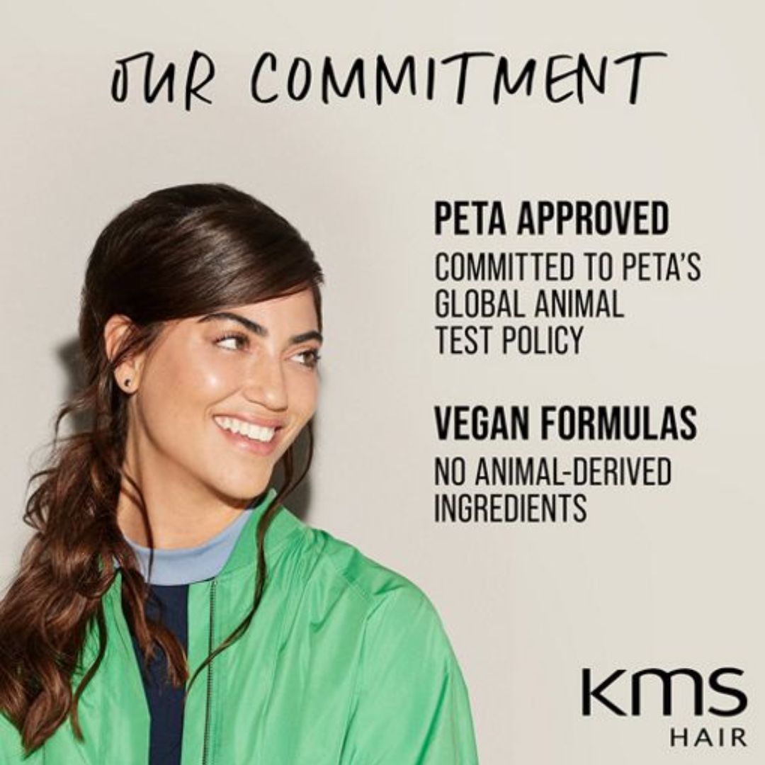 Woman with braided hair wearing a green jacket, with text about PETA approval and vegan formulas on a beige background.