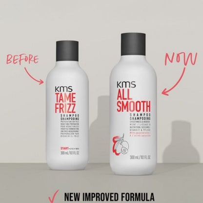Two bottles of KMS shampoo labeled 'Before' and 'Now' with text indicating a new improved formula.
