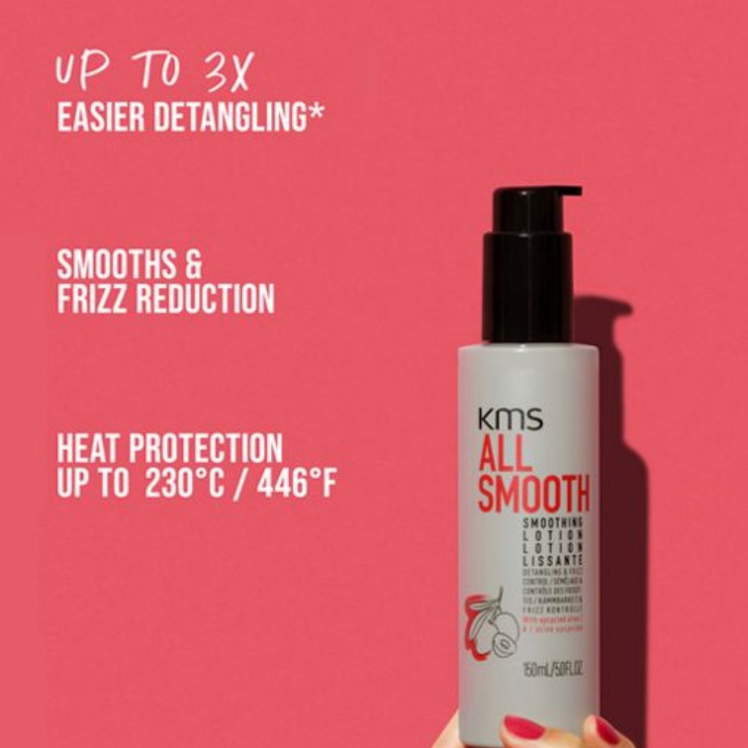 KMS All Smooth hair product bottle with text on a pink background