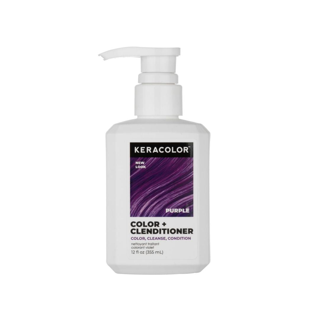 A bottle of Keracolor Purple Color + Clenditioner hair color treatment with a white pump dispenser on a solid white background.