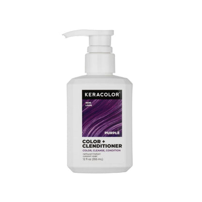 A bottle of Keracolor Purple Color + Clenditioner hair color treatment with a white pump dispenser on a solid white background.