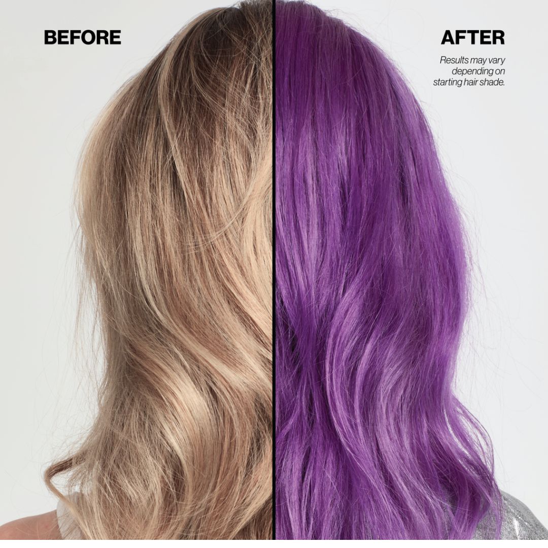 Before-and-after hair color result showing a split view of a woman's hair. The left side labeled BEFORE shows light blonde hair, and the right side labeled AFTER shows the same hair styled in vivid purple.
