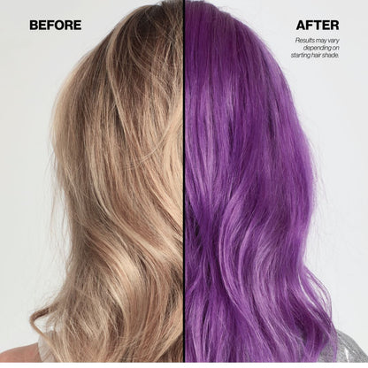Before-and-after hair color result showing a split view of a woman's hair. The left side labeled BEFORE shows light blonde hair, and the right side labeled AFTER shows the same hair styled in vivid purple.