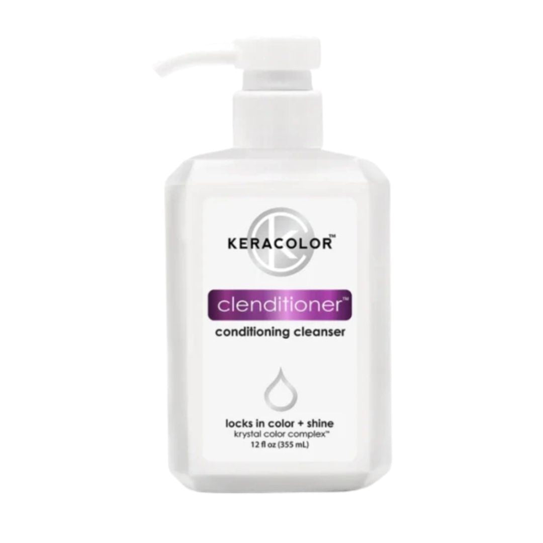 A white pump bottle of Keracolor Clenditioner Conditioning Cleanser on a plain white background.