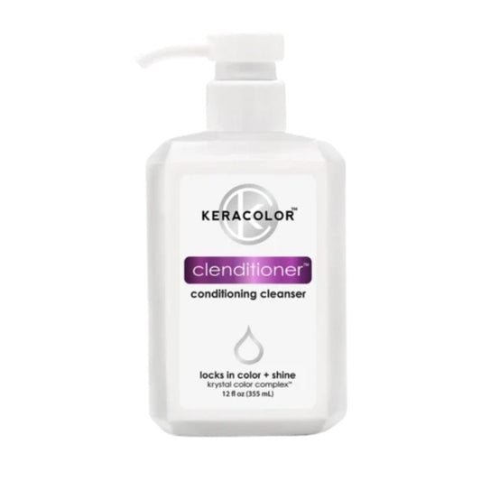 A white pump bottle of Keracolor Clenditioner Conditioning Cleanser on a plain white background.
