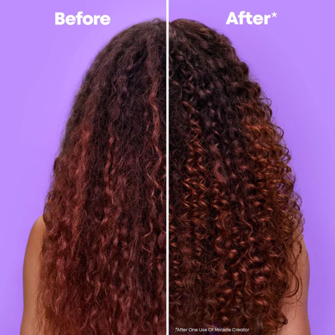 Before and after comparison of curly hair on a purple background