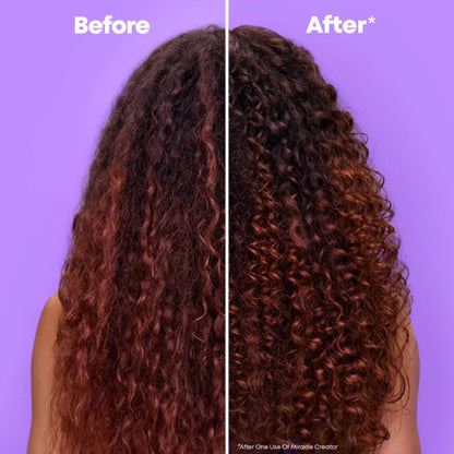 Before and after comparison of curly hair on a purple background